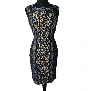 Tadashi Shoji Lace Overlay Sleeveless Navy Blue Tan Midi Dress Size 8